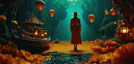 Mysterious fantasy landscape with a girl in a red dress and a ship in the sea. 3d renderの素材