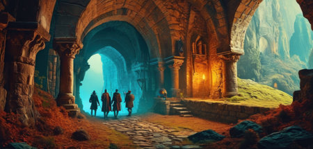 Fantasy landscape with a group of people at the entrance to the caveの素材