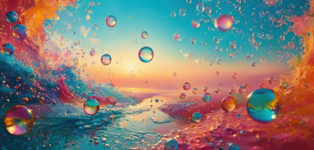 Soap bubbles floating in the sea. 3d rendering illustration.の素材