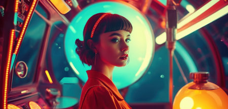 Portrait of a beautiful girl in a red dress in a retro style.の素材