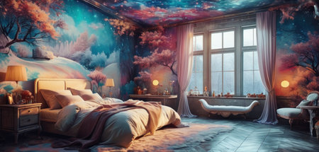3d rendering of a bedroom interior in fantasy style with a large windowの素材