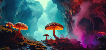 Underwater view of a cave with mushrooms. 3D Renderingの素材