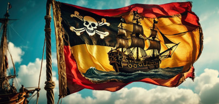 Pirate flag of Germany with a pirate ship in the background.の素材