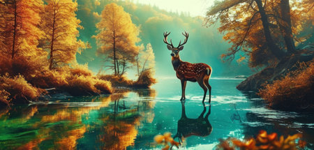 Deer in the autumn forest reflected in the lake. 3d renderの素材