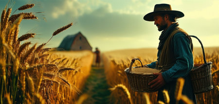 Farmer with basket of wheat in wheat field at sunset. Harvesting conceptの素材