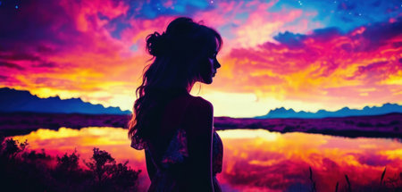 Beautiful girl with long curly hair on the background of the lake at sunsetの素材