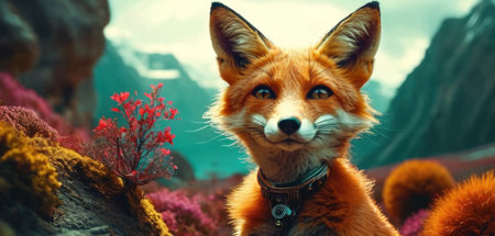 Red fox on a background of the mountains. 3d rendering.の素材