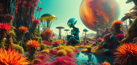 3D render of a fantasy alien landscape with plants and animals.の素材