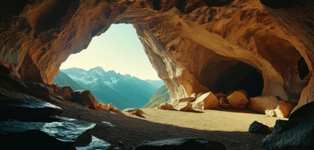 Cave in the mountains, panoramic view of the valleyの素材
