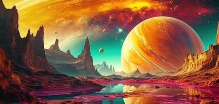 Fantasy alien planet. Mountain and lake. 3D illustration.の素材