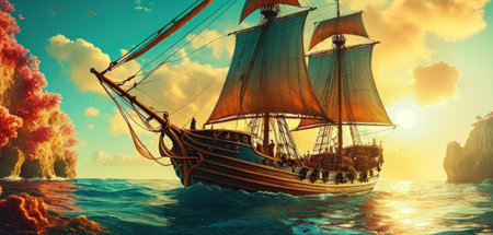 Pirate ship on the ocean at sunset. 3D illustration.の素材