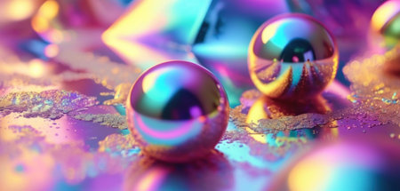 Abstract 3d rendering of shiny spheres with gold and purple background.の素材