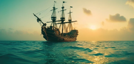 Old pirate ship in the sea at sunset. 3D Renderingの素材