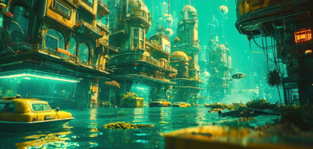 3D illustration of a fantasy world. Fantastic city in the rain.の素材
