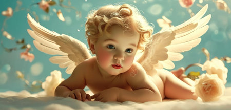 Cute baby angel with wings and flowers. 3d rendering.の素材