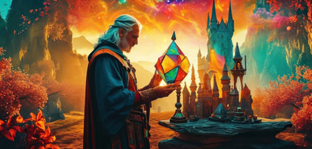 Fantasy scene with a man in a fantasy castle. 3d renderingの素材