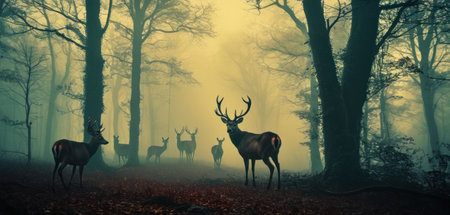 Deer in the misty forest. Panoramic image.の素材
