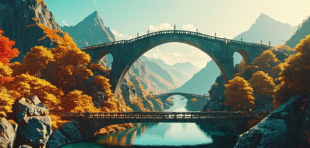 Bridge over the river in the autumn mountains. 3d render illustrationの素材