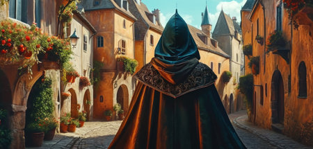 The girl in a medieval costume walks through the streets of the old town.の素材