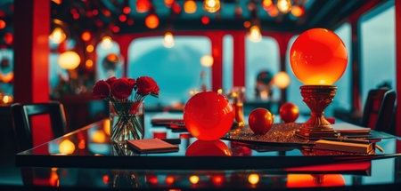 Romantic dinner in a restaurant. Table setting with candles, books, glasses and red rosesの素材