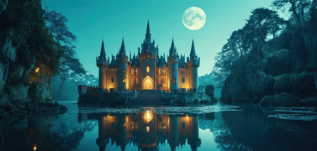 Fantasy castle on the lake at night. 3D rendering.の素材