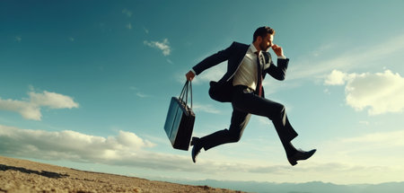 Conceptual image of a young businessman running with briefcase in handの素材
