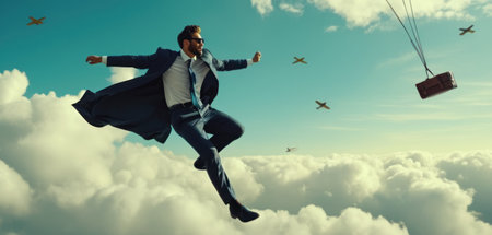 Superhero businessman flying in the sky. 3D Rendering.の素材