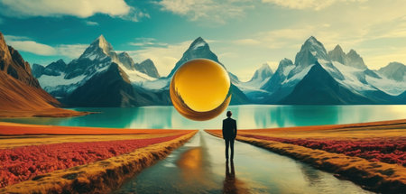 3D rendering of a man with a sphere in front of a lakeの素材