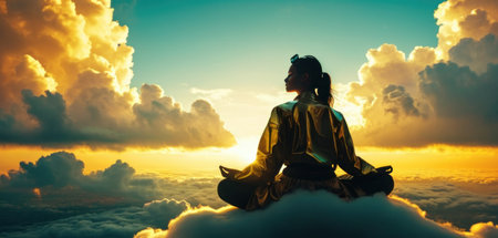Woman meditating on the top of the clouds at sunset background.の素材