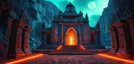 3D CG rendering of ancient ruins and moonlight. 3D CG. High resolution.の素材