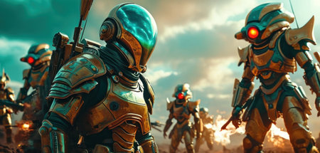 3D rendering of a group of fantasy soldiers in armor and armorの素材