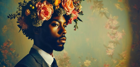 Portrait of a black man in a wreath of flowers.の素材