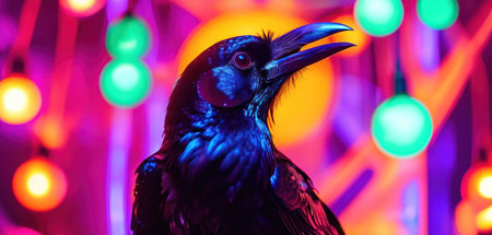 Crow in the night club with colorful lights on the background.の素材