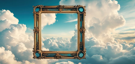 Old picture frame on blue sky background with clouds. 3d renderingの素材