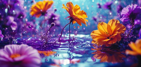 beautiful flowers in water with bokeh effect on blue backgroundの素材