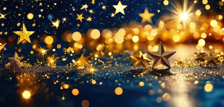 Christmas and New Year holidays background with golden stars and bokeh lights.の素材