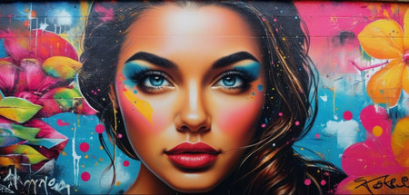 Beautiful young woman with bright make-up on graffiti background.の素材