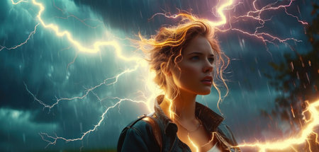 Fantasy image of a beautiful woman with lightning in the background.の素材