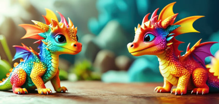 Colorful toy dragon on a wooden table. Selective focus.の素材