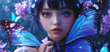3d rendering of a beautiful fairy tale girl with a butterfly in her handsの素材