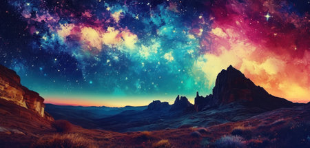 Fantasy landscape with mountains, stars and nebula. 3d illustrationの素材