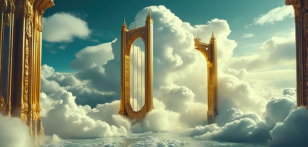 Fantasy landscape with golden columns in the clouds. 3D illustrationの素材