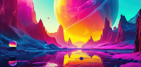 Fantasy alien planet. Mountain and lake. 3D illustration.の素材