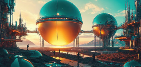 Industrial landscape with a big planet in the foreground. 3d renderingの素材