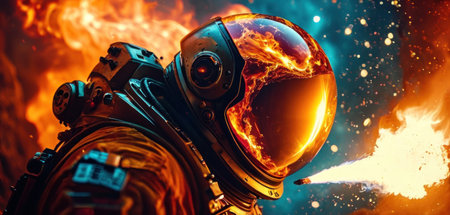 Astronaut on fire. Science fiction art. 3D renderingの素材