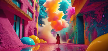 3D illustration of a girl in a pink raincoat standing in the middle of a multicolored cityの素材