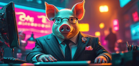 Portrait of a funny pig dressed as a joker in a nightclubの素材