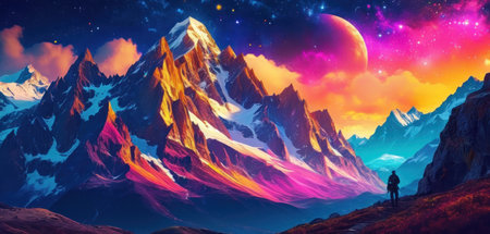 Fantasy alien planet. Mountain and sky. 3D illustration.の素材
