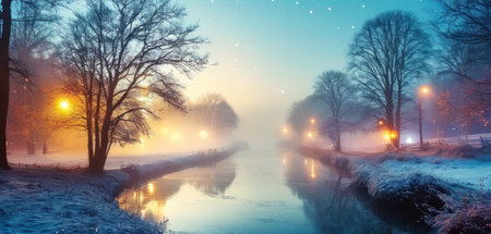 Winter landscape with river, trees and lanterns in the fog.の素材