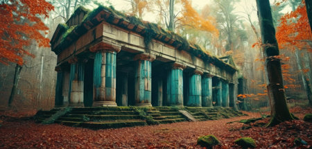 Fantasy landscape with ancient gazebo in the autumn forestの素材